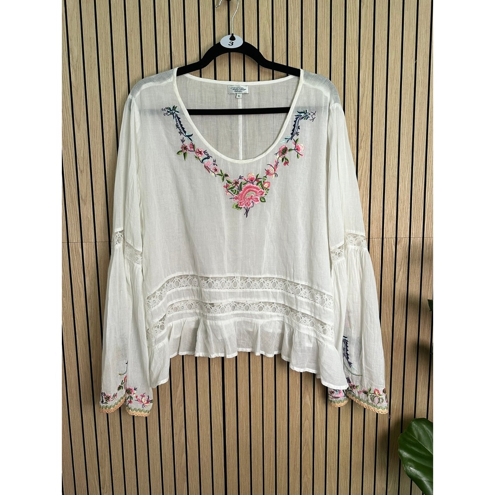 003 Tasha Polizzi White Cotton Embroidered Floral Boho Peasant Blouse (XL, EUC)
